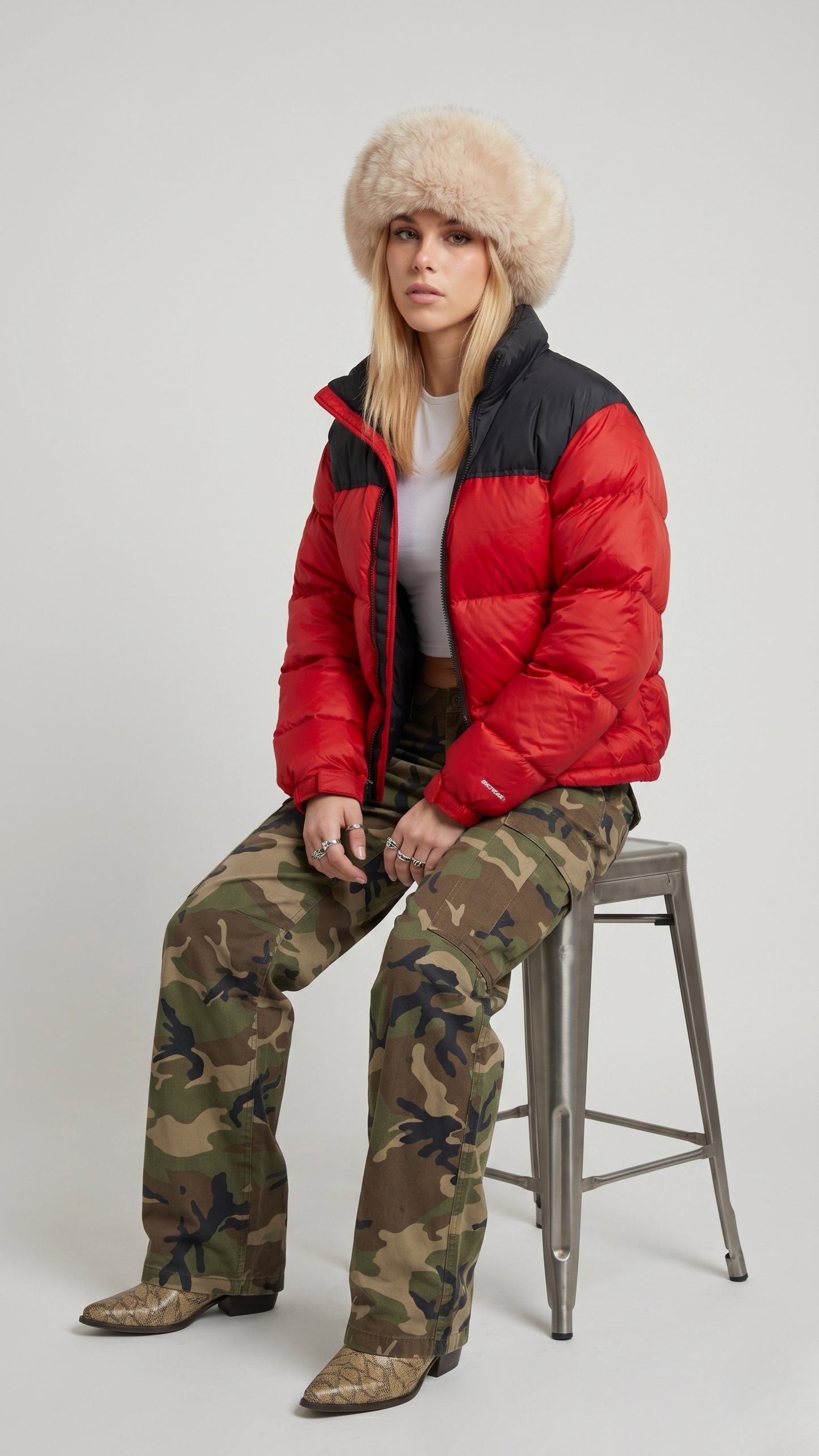 High-street urban lifestyle photography featuring a modern winter outfit styled seamlessly with a vibrant red and black streetwear bubble jacket.
