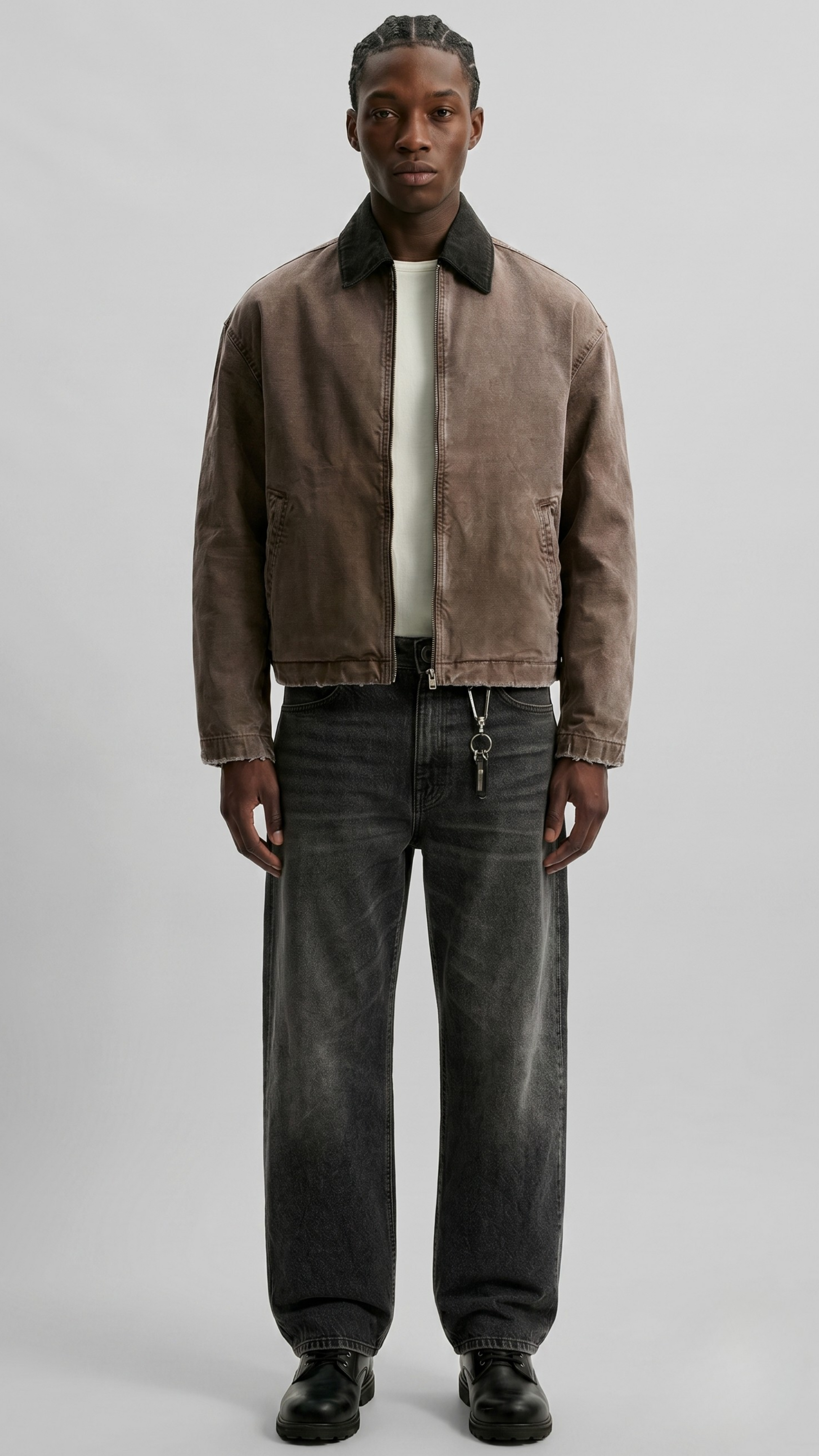 a minimalist brown cotton canvas jacket featuring a clean structured collar and button closure.