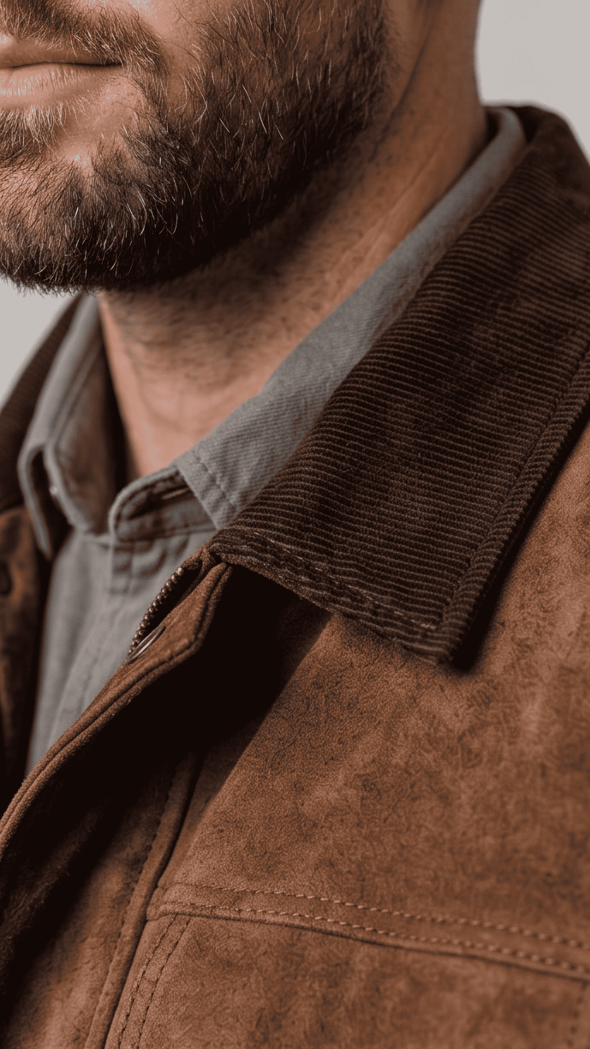 Close-up shot highlighting the rich, velvety texture of deep espresso brown suede fabric and high-quality premium stitching.