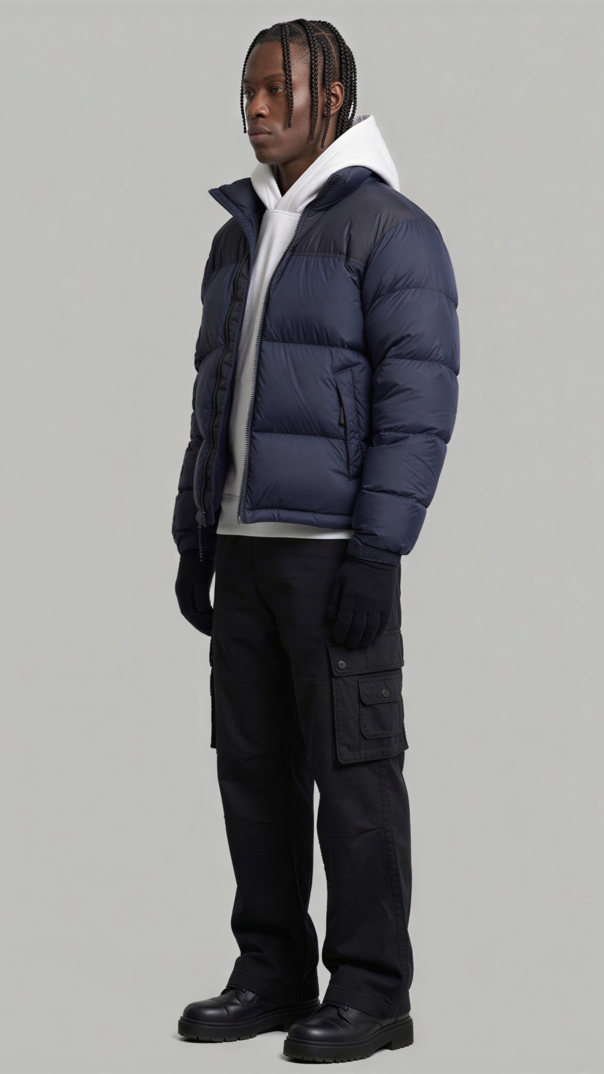 Studio portrait of a model wearing a versatile dark navy blue insulated winter jacket.