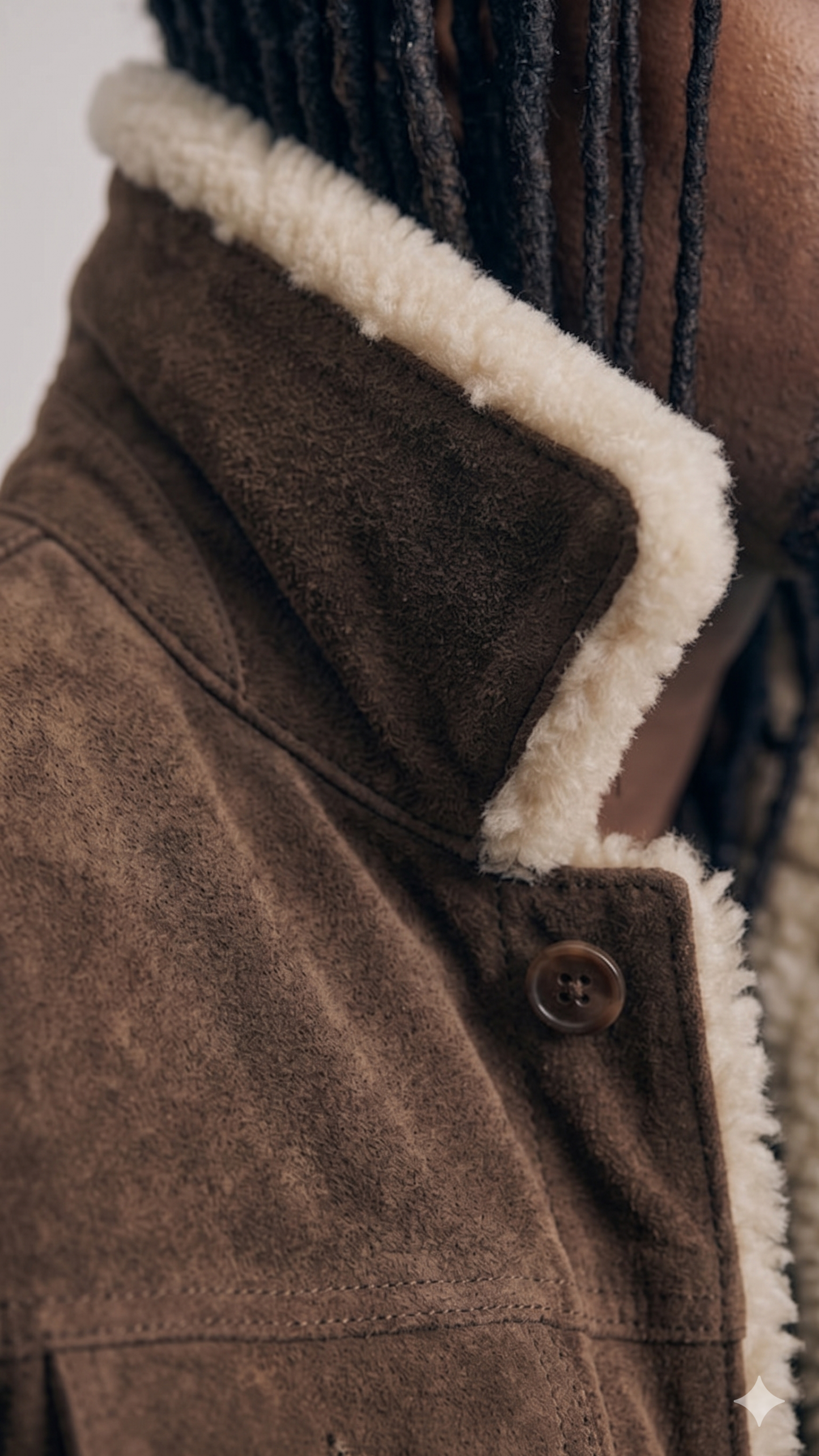 Close-up of a brown coat with white fur lining and a button.