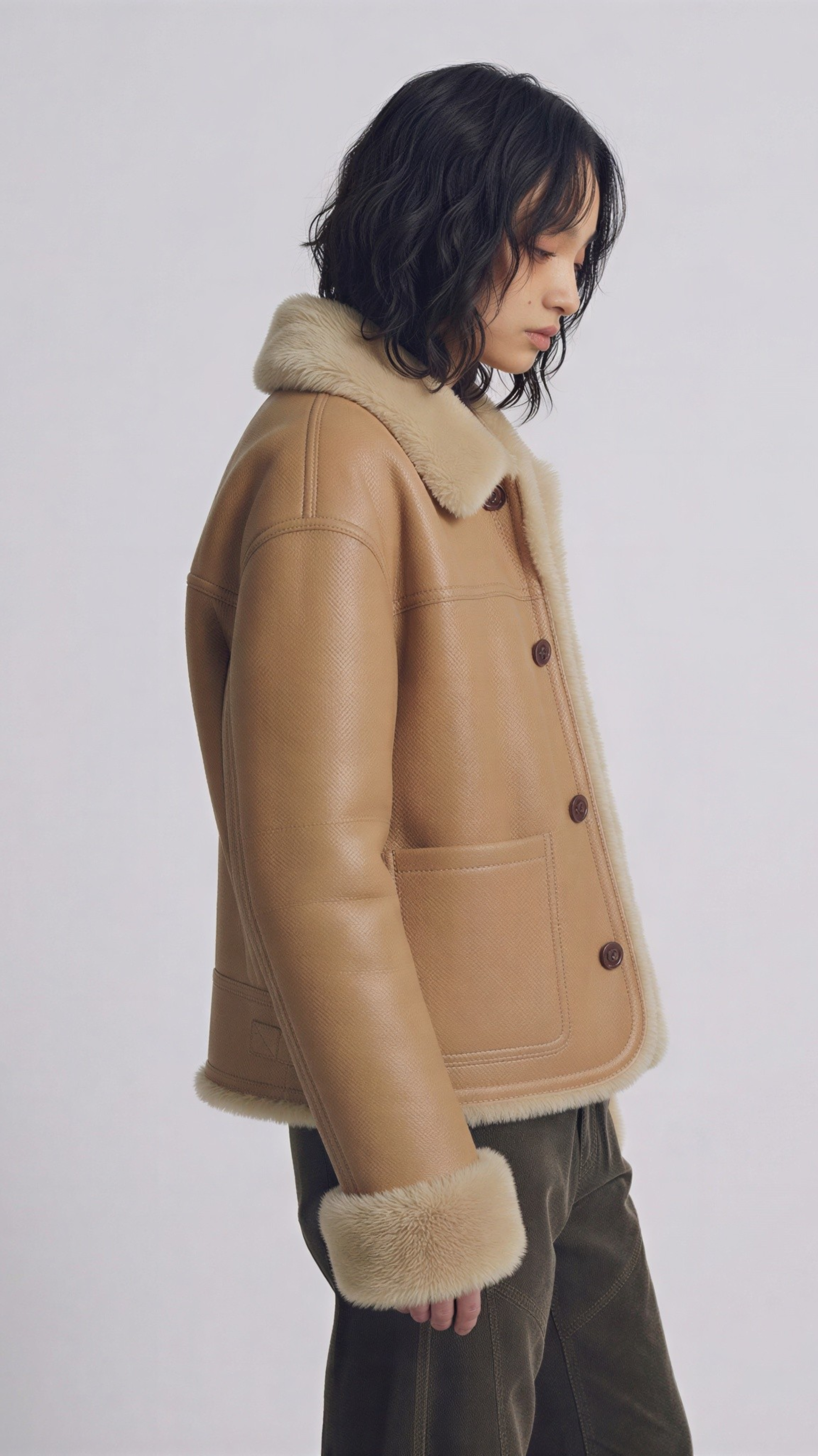 women wearing a tan leather jacket with fur trim on a plain background