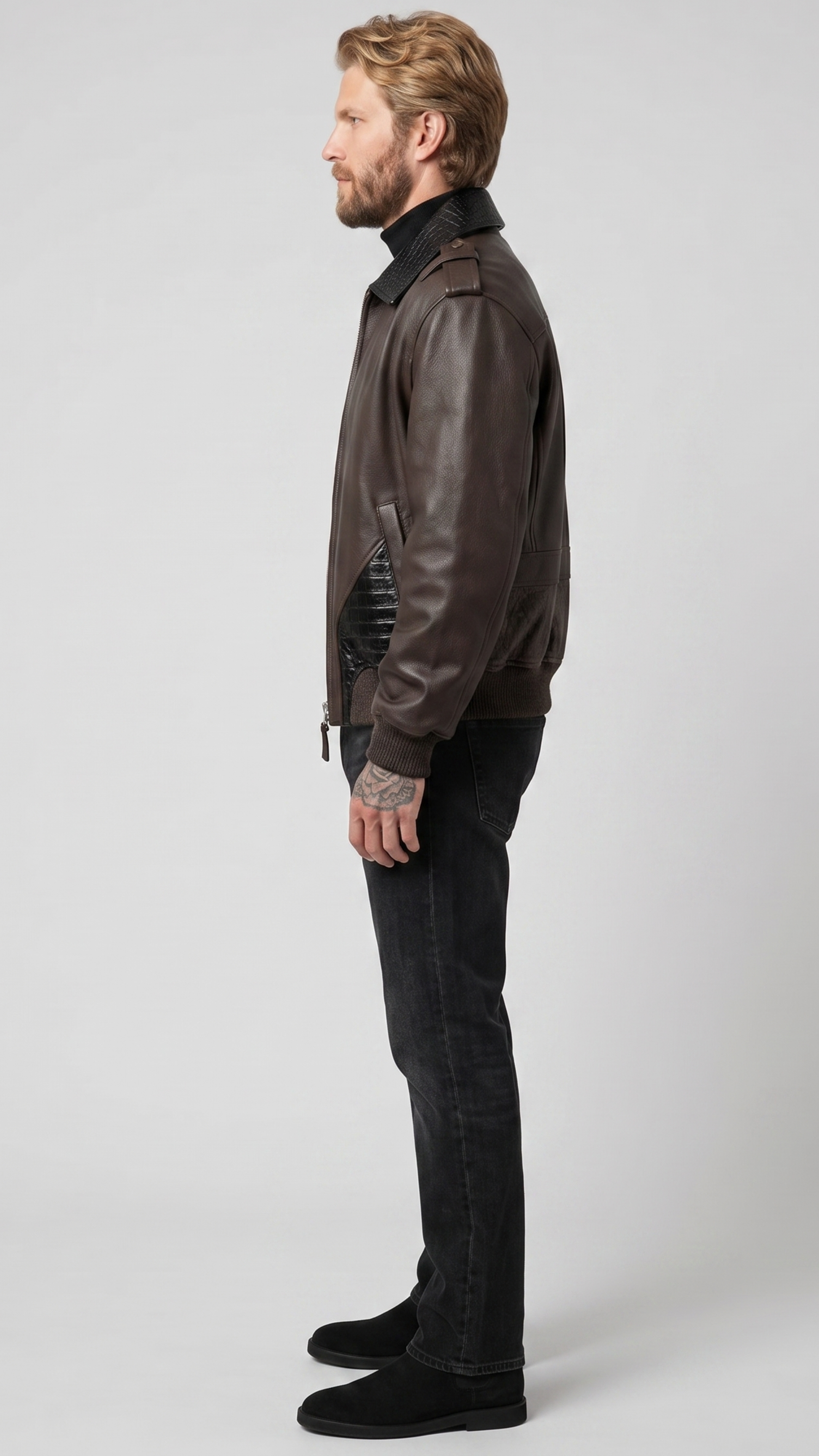 Sleek motorcycle style leather jacket with elegant dark brown sleeves and black crocodile printed torso.