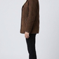 Heavy-duty and cozy chocolate brown suede jacket with full inner shearling insulation, designed for sub-zero weather.