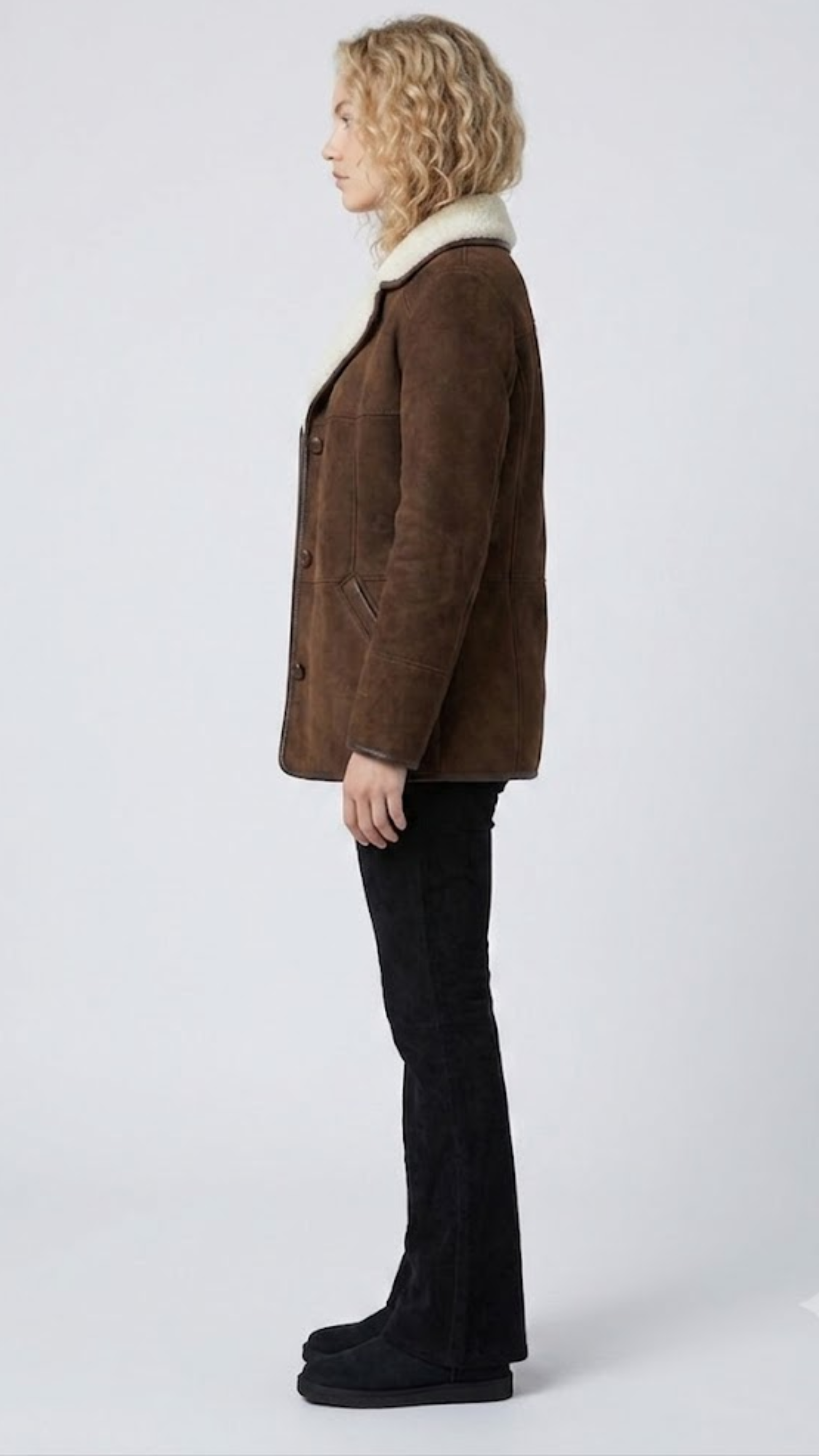 Heavy-duty and cozy chocolate brown suede jacket with full inner shearling insulation, designed for sub-zero weather.