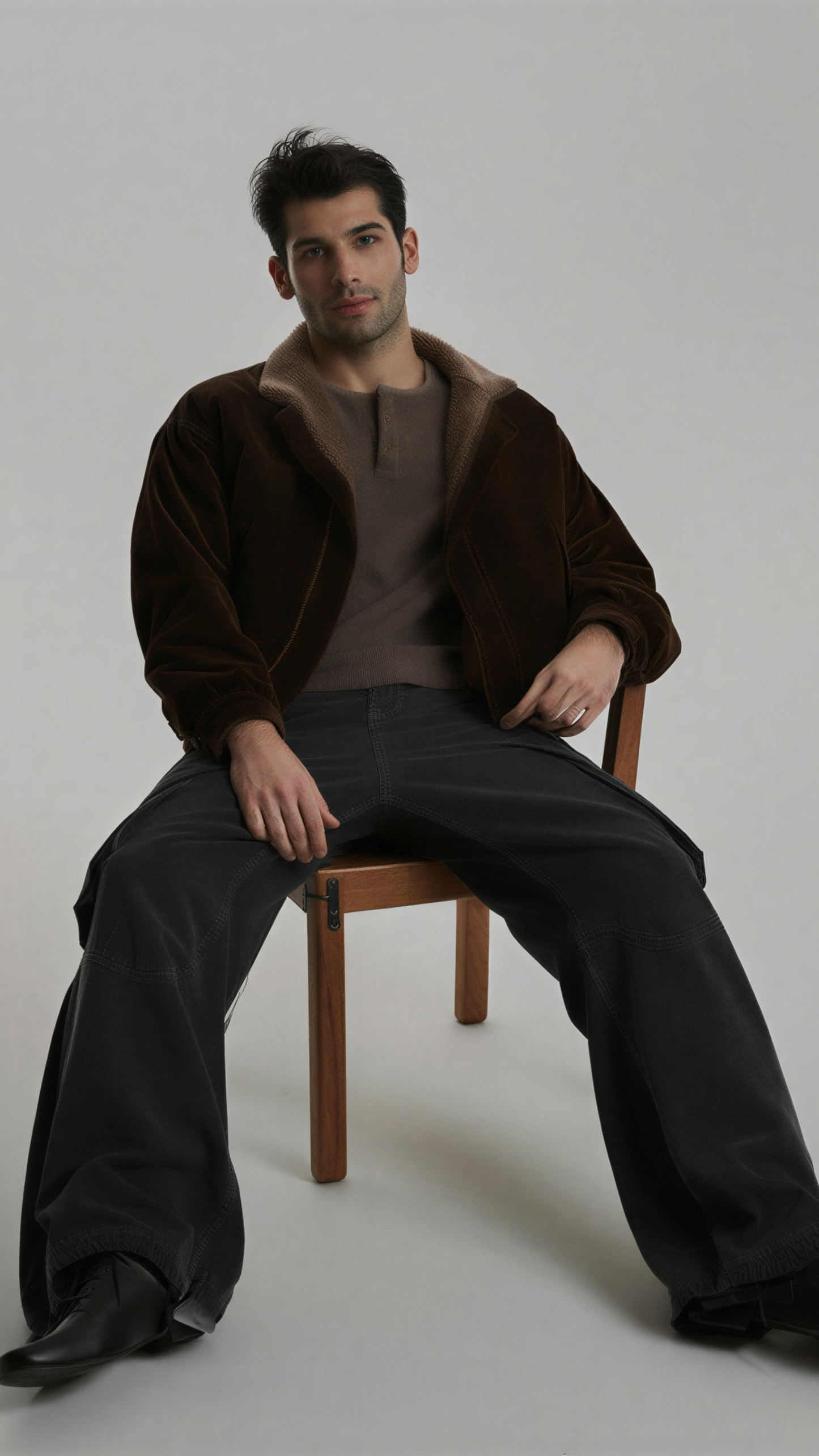 Man sitting on a chair wearing a dark brown suede jacket with fur collar and dark pants against a plain background