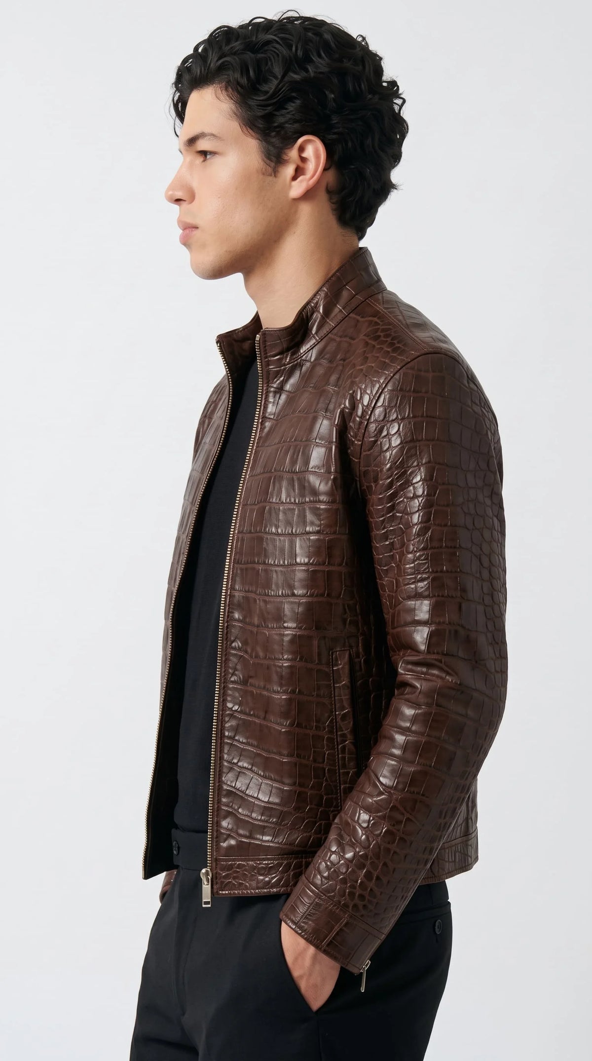 Men's glossy alligator textured leather biker jackero jacket in slim fit with band collar, worn open over black ribbed henley
