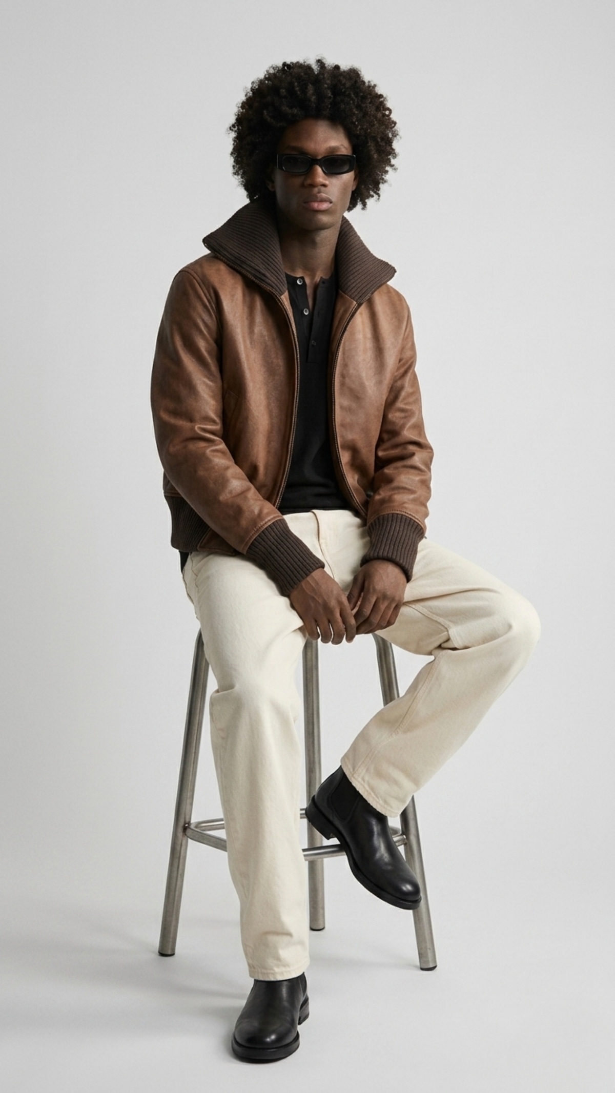 Premium men's urban lifestyle lookbook photography focusing on a sophisticated winter style utilizing a sleek mahogany brown leather bomber coat.