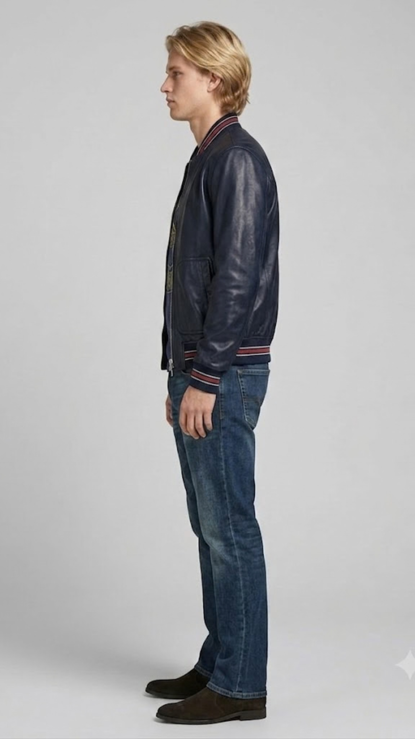 the comfortable elastic ribbed cuffs and matching waistband trim of the dark blue outerwear.