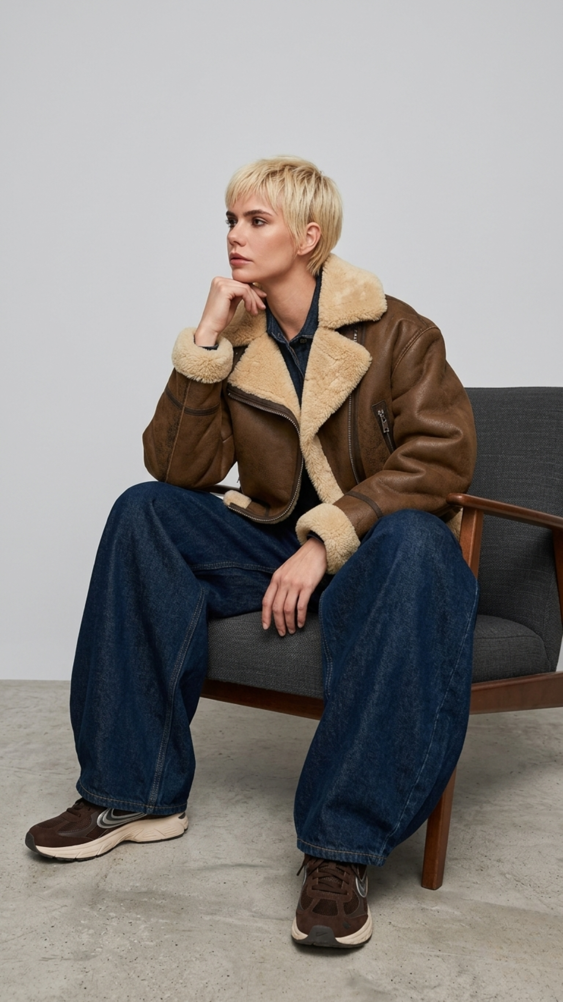studio catalog photography of a model wearing a brown leather crop jacket with cream shearling lining and silver zipper details