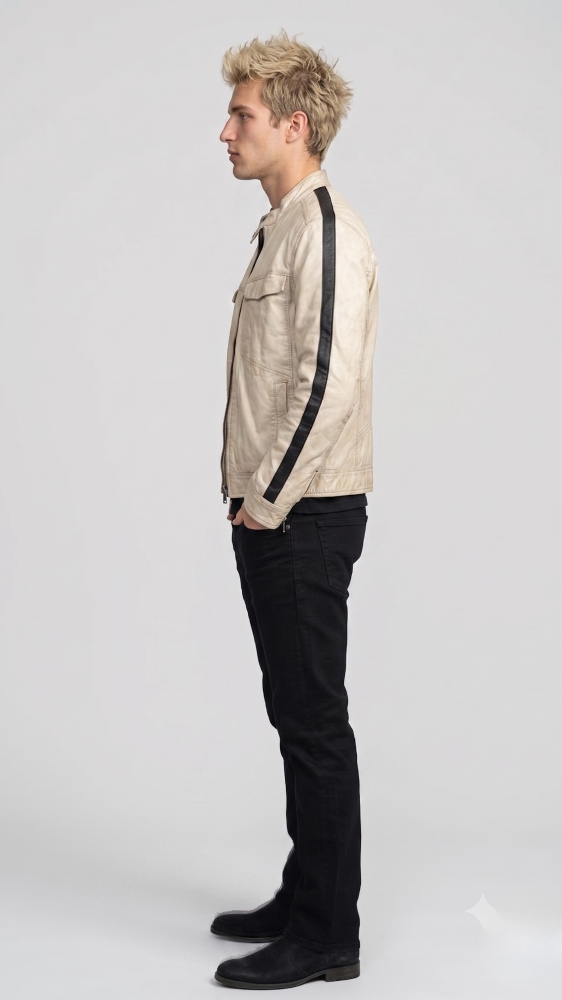 Side angle profile view highlighting the classic cafe racer band collar with a snap-button throat tab on the cream moto outerwear.