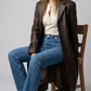 sophisticated long chocolate brown leather trench coat for winter style.