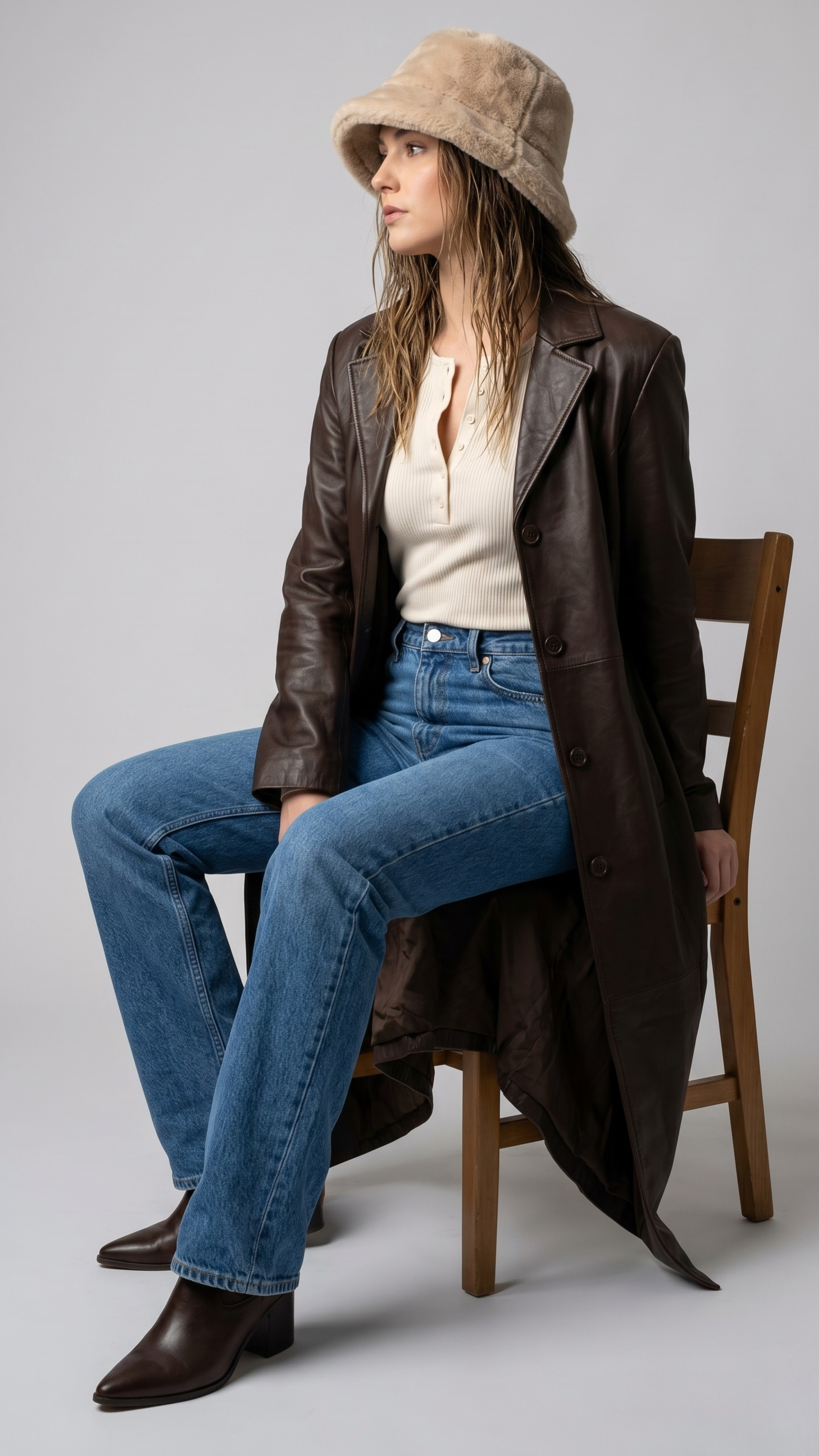 sophisticated long chocolate brown leather trench coat for winter style.