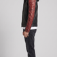 Sleek black and red quilted leather biker jacket with an adjustable hood, perfect for casual and motorcycle wear.