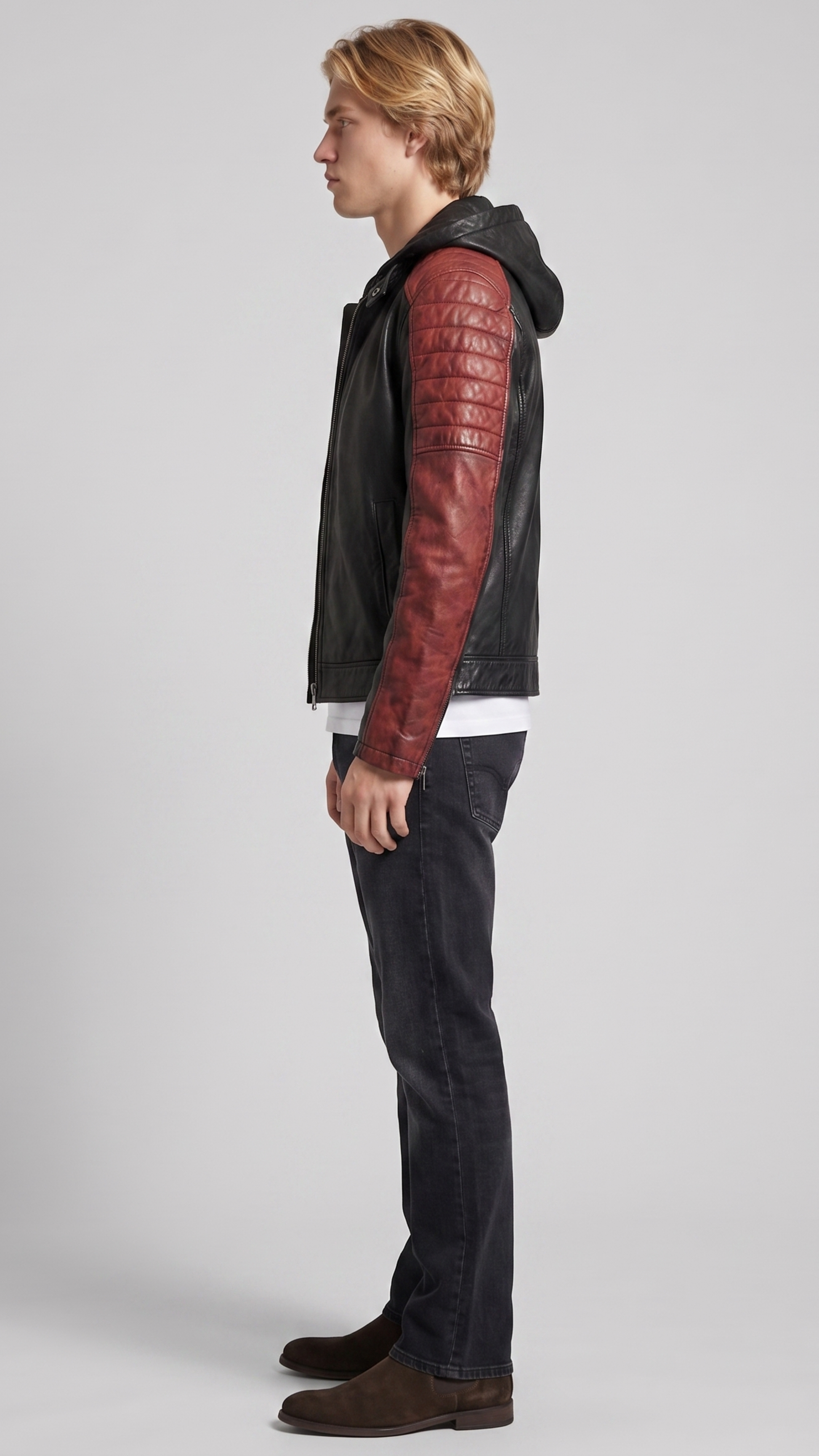 Sleek black and red quilted leather biker jacket with an adjustable hood, perfect for casual and motorcycle wear.