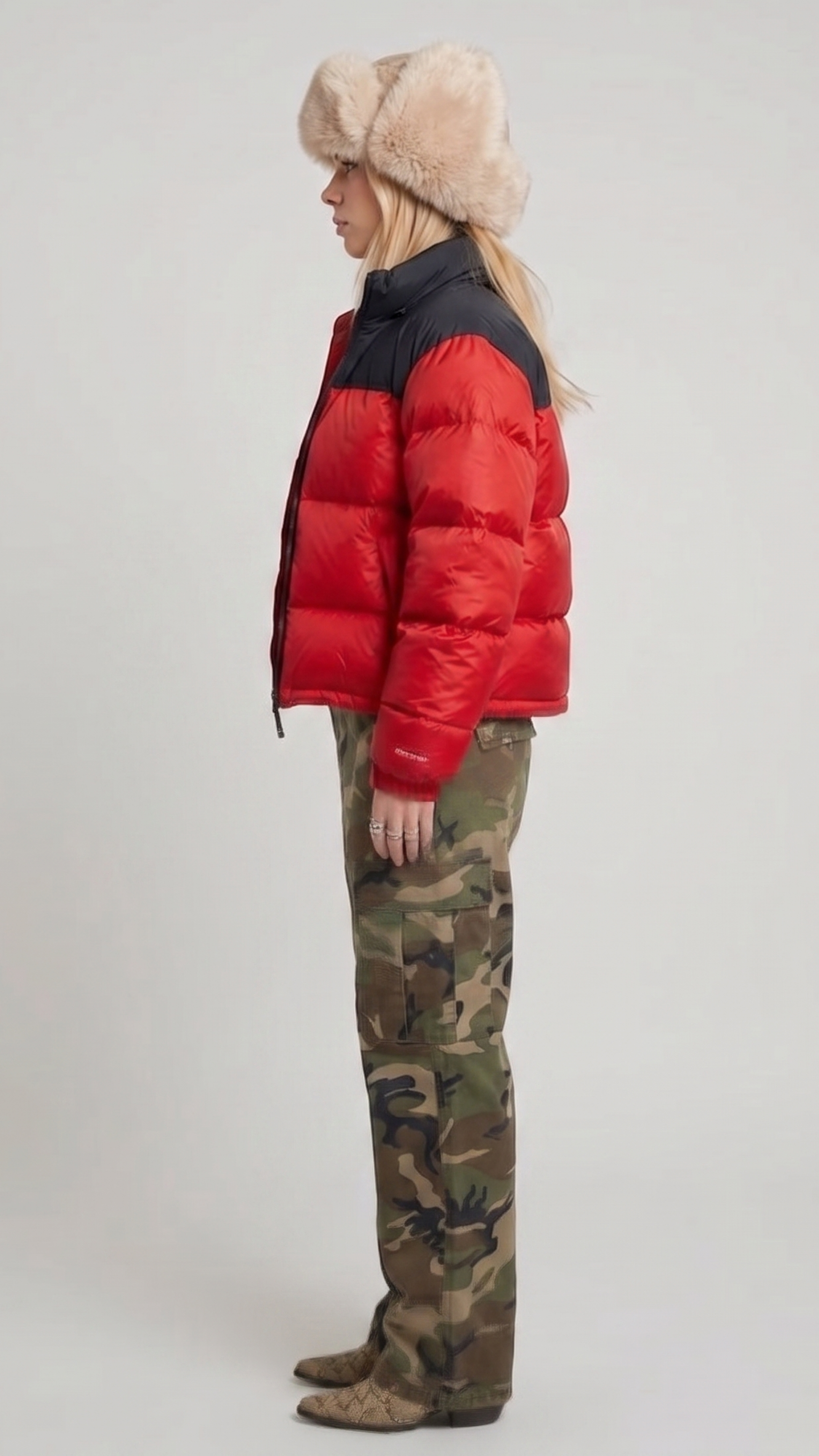 the high-density water-resistant nylon texture and premium insulated horizontal stitch lines of the red and black puffer jacket.