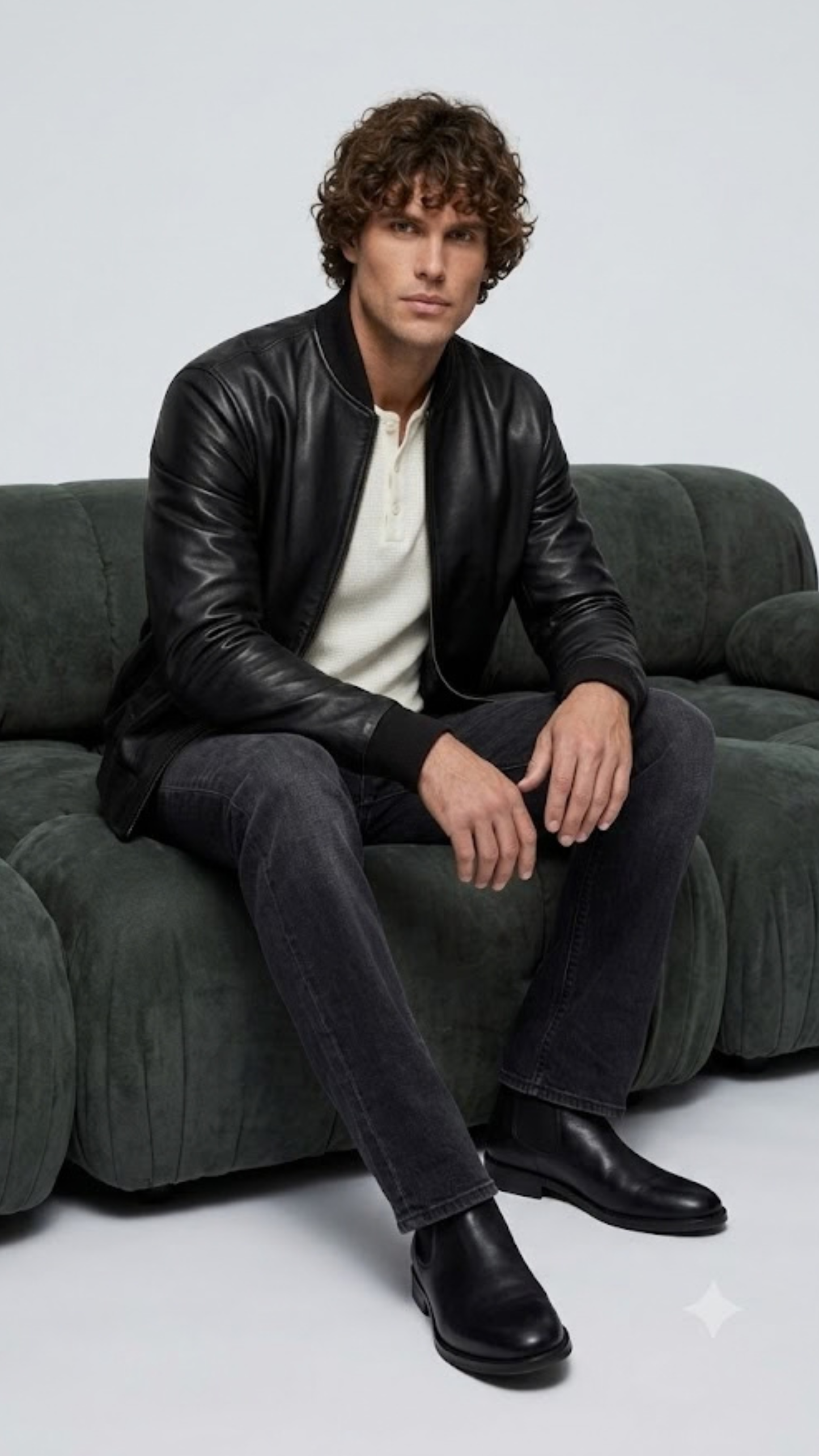 Sophisticated men's urban lifestyle photography showcasing a smart casual winter outfit anchored by a luxury classic black leather bomber coat.