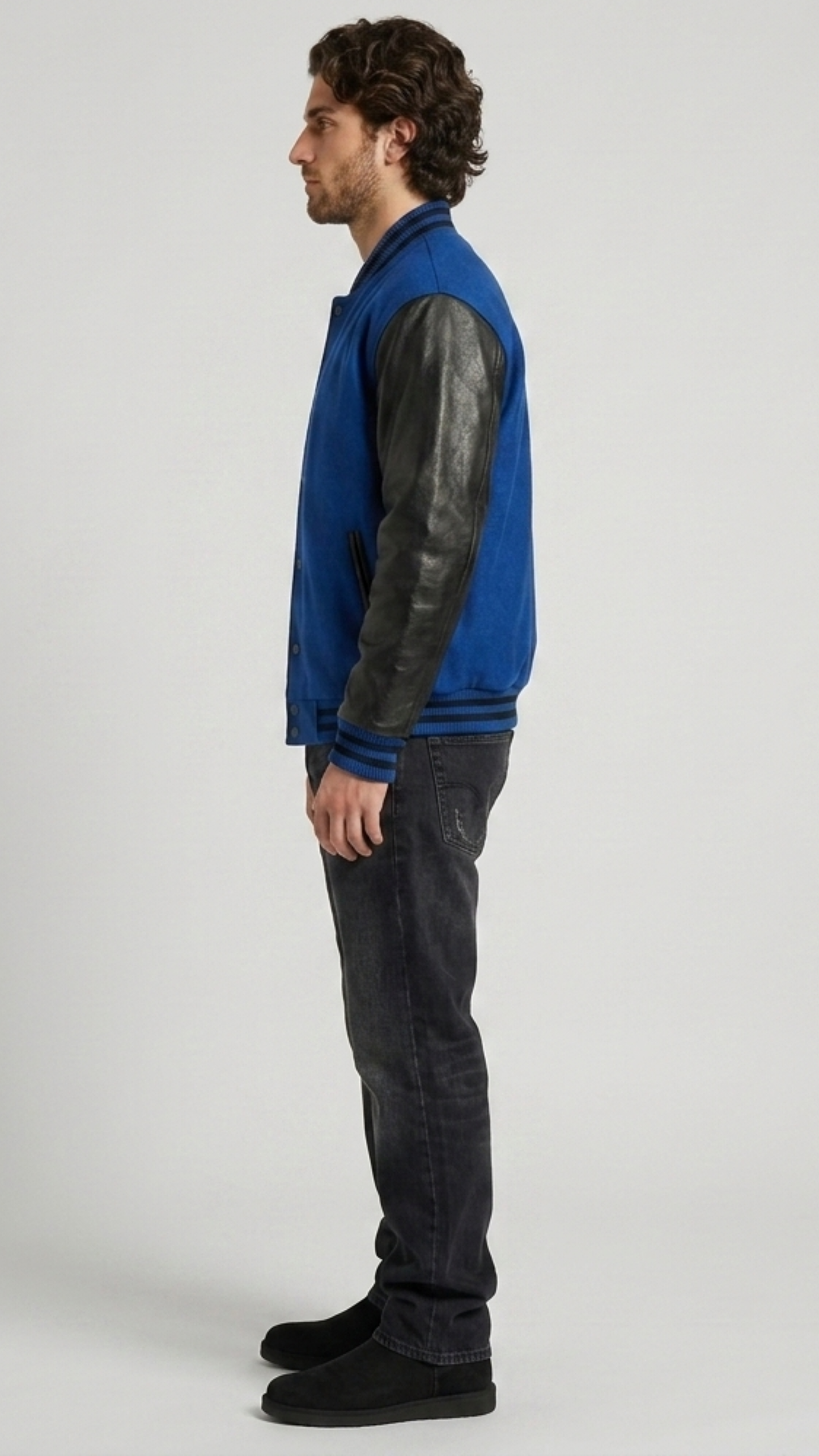 Regular fit men's blue suede bomber jacket with leather-trimmed side welt pockets, offering both utility and a sporty profile.