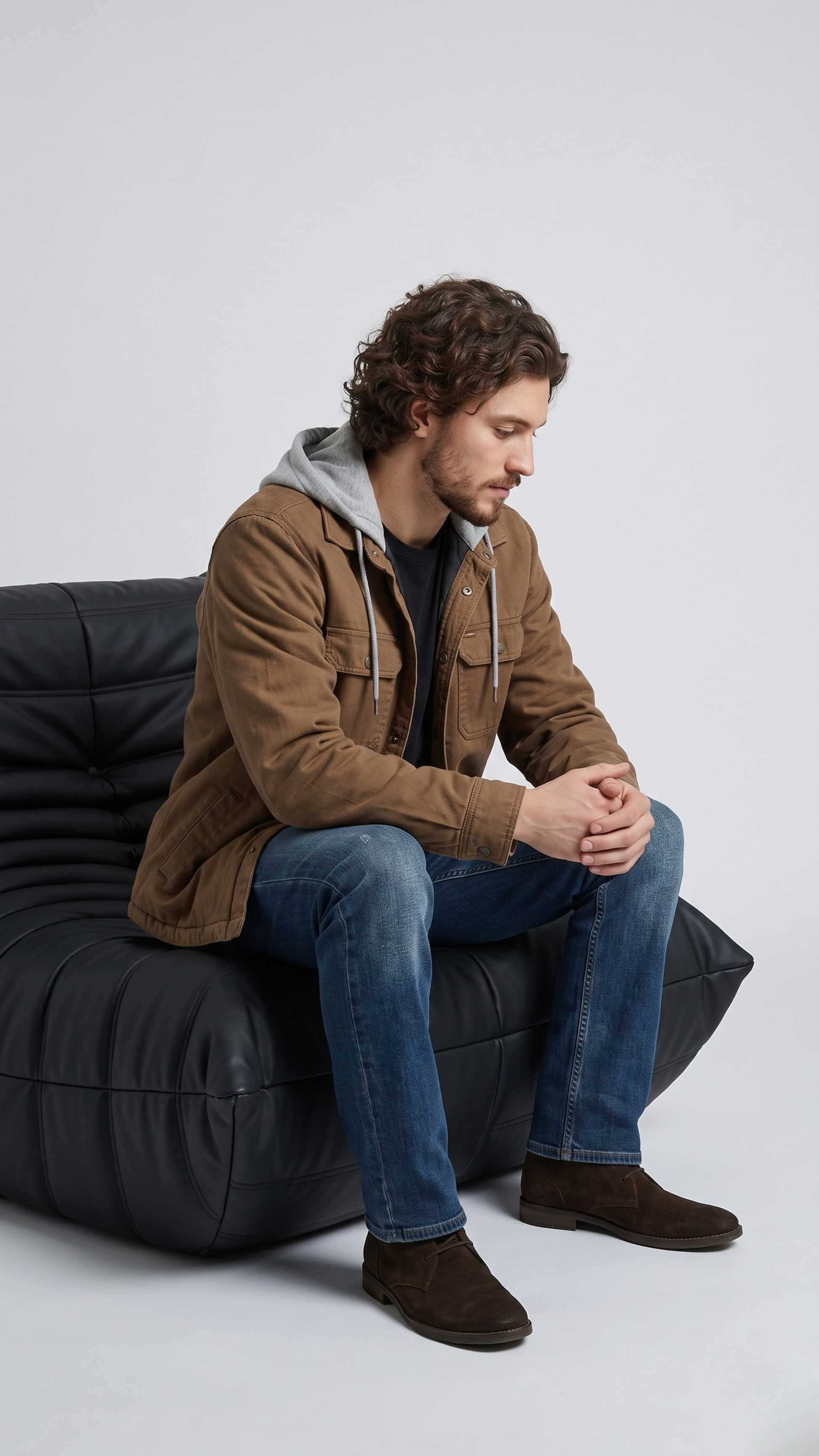 Men's heavy-duty street fashion featuring a structured dark tan hooded workwear coat styled for a rugged look.