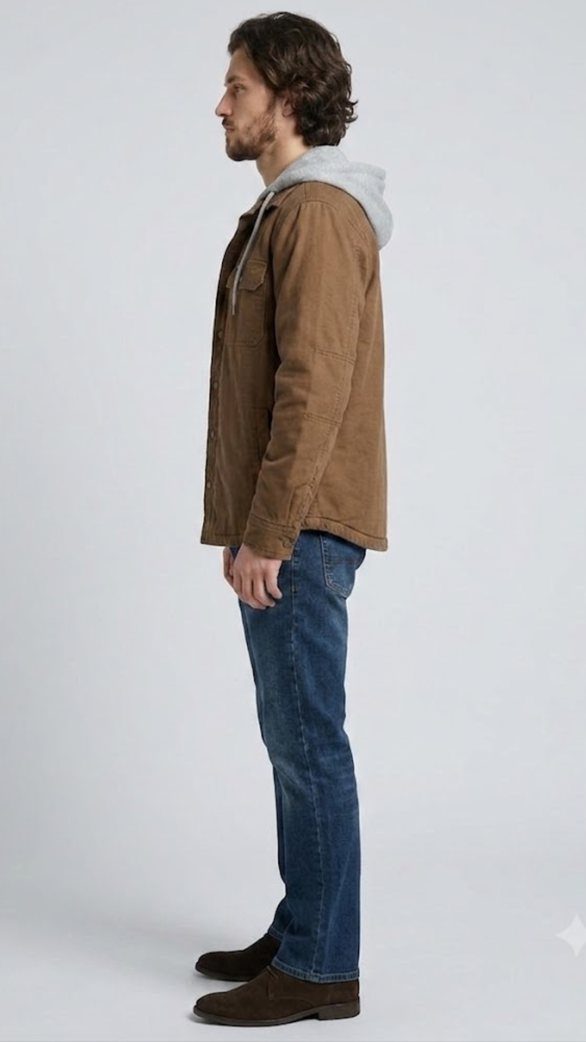 Durable dark tan canvas utility jacket with a warm hood and deep pockets, designed for everyday tough wear.