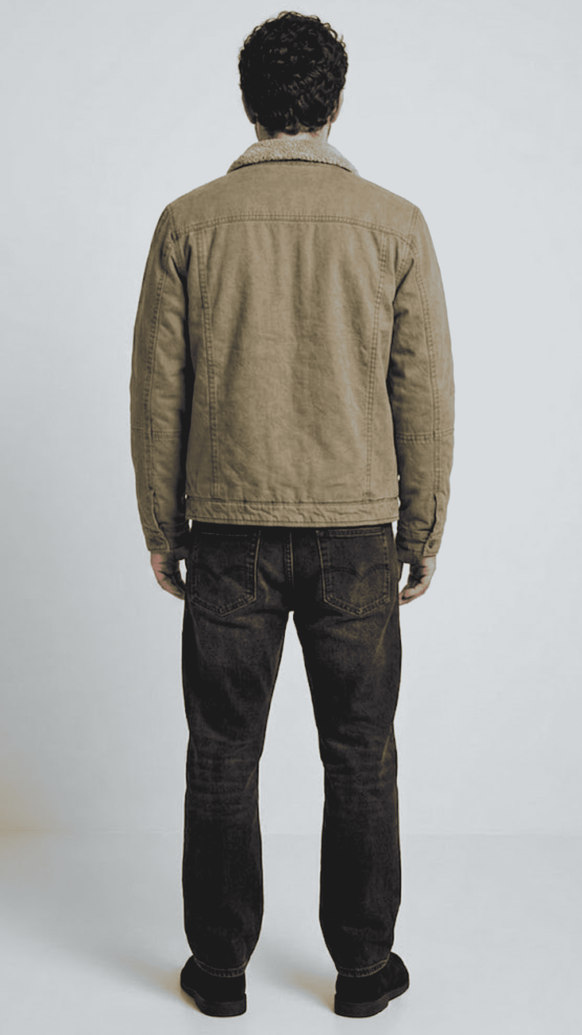 Tailored fit olive green cotton outerwear with white fur details styled beautifully for an urban smart-casual look.