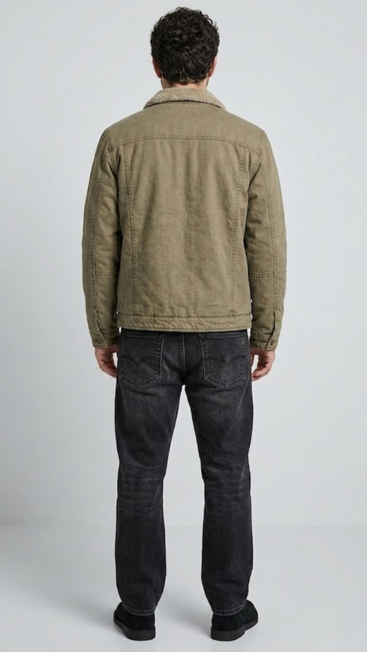 Tailored fit olive green cotton outerwear with white fur details styled beautifully for an urban smart-casual look.