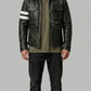 Front view of a premium black leather cafe racer jacket by Jackero, showcasing a clean minimalist design with a centered straight zipper and snap-button band collar.
