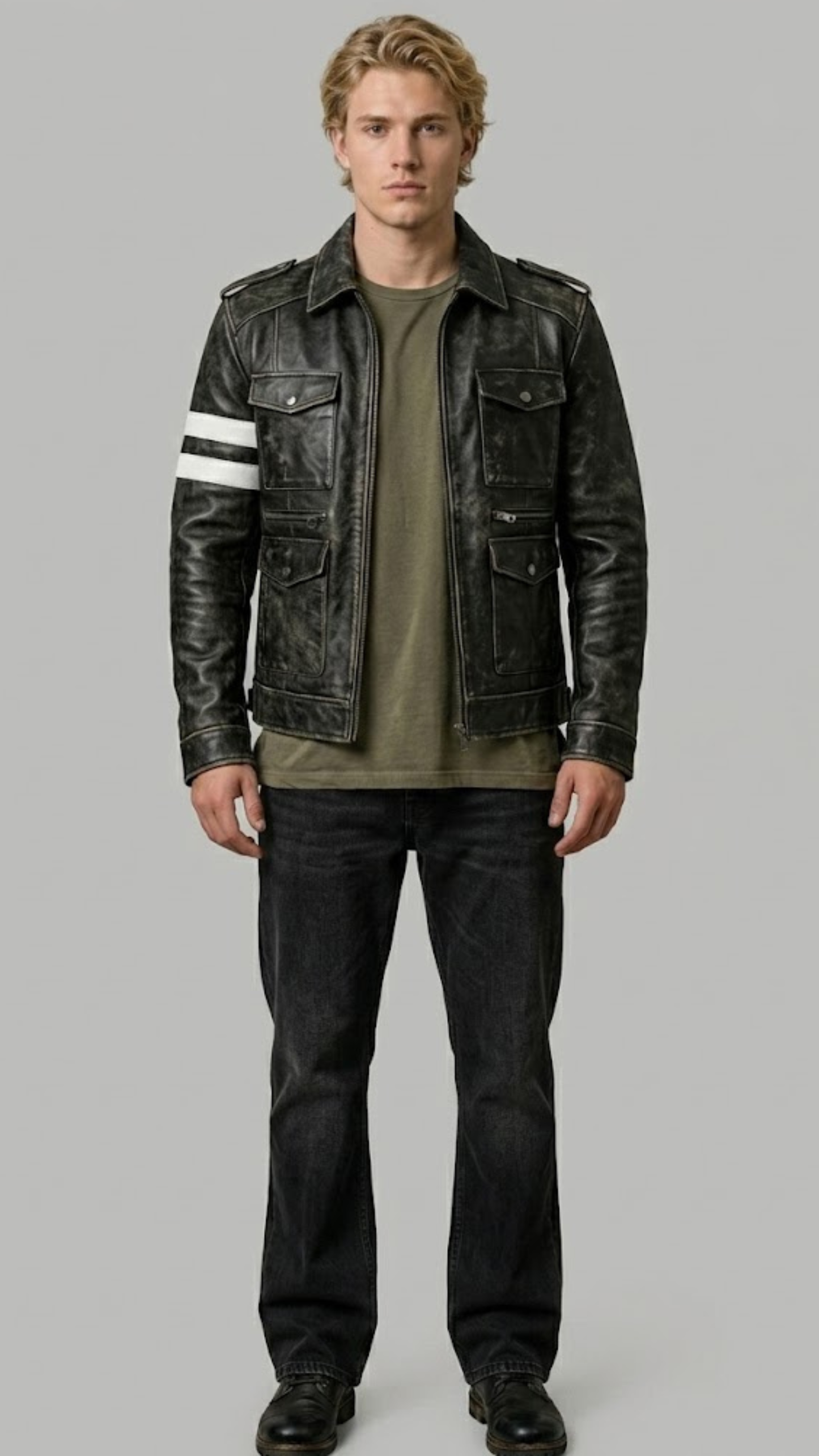 Front view of a premium black leather cafe racer jacket by Jackero, showcasing a clean minimalist design with a centered straight zipper and snap-button band collar.