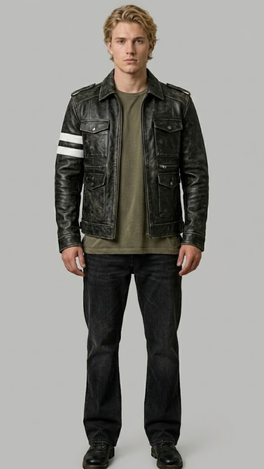 Front view of a premium black leather cafe racer jacket by Jackero, showcasing a clean minimalist design with a centered straight zipper and snap-button band collar.
