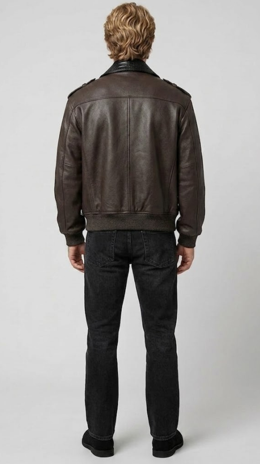 Men's luxury fashion featuring a unique two-tone dark brown and black croc skin textured leather jacket.