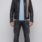 Front full view of dark black striped leather jacket featuring sleek racing stripes on the sleeves and a clean collar.