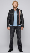 Front full view of dark black striped leather jacket featuring sleek racing stripes on the sleeves and a clean collar.