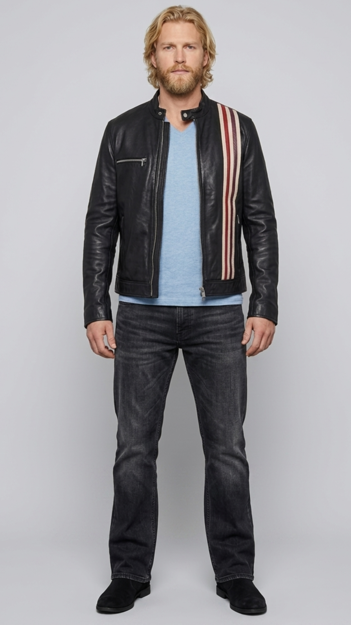 Front full view of dark black striped leather jacket featuring sleek racing stripes on the sleeves and a clean collar.
