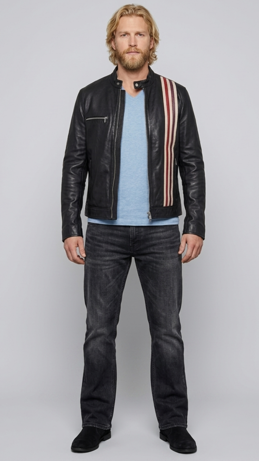 Front full view of dark black striped leather jacket featuring sleek racing stripes on the sleeves and a clean collar.