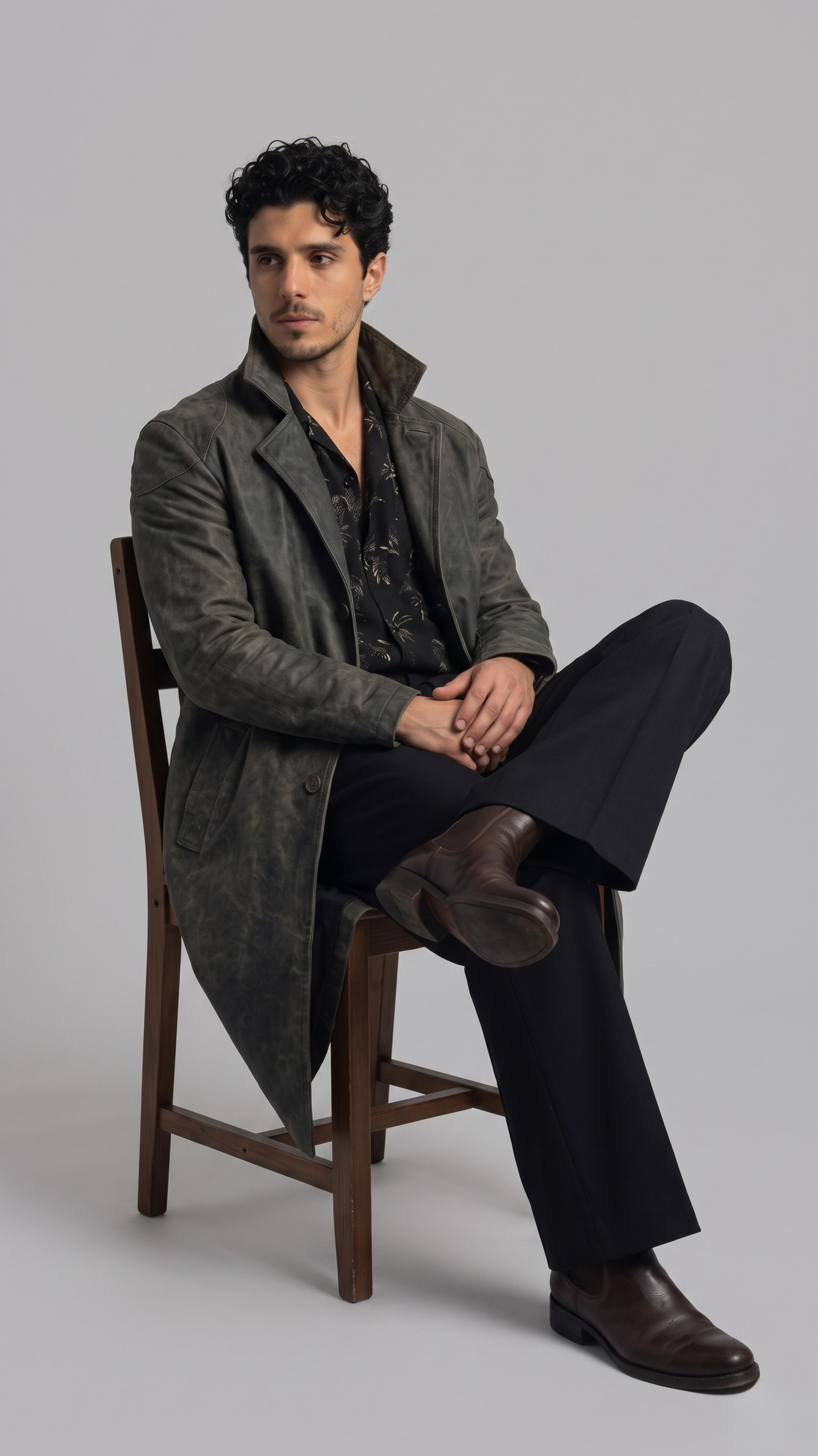 Men's edgy vintage fashion showcasing a structured charcoal grey distressed leather long coat styled for a bold look.