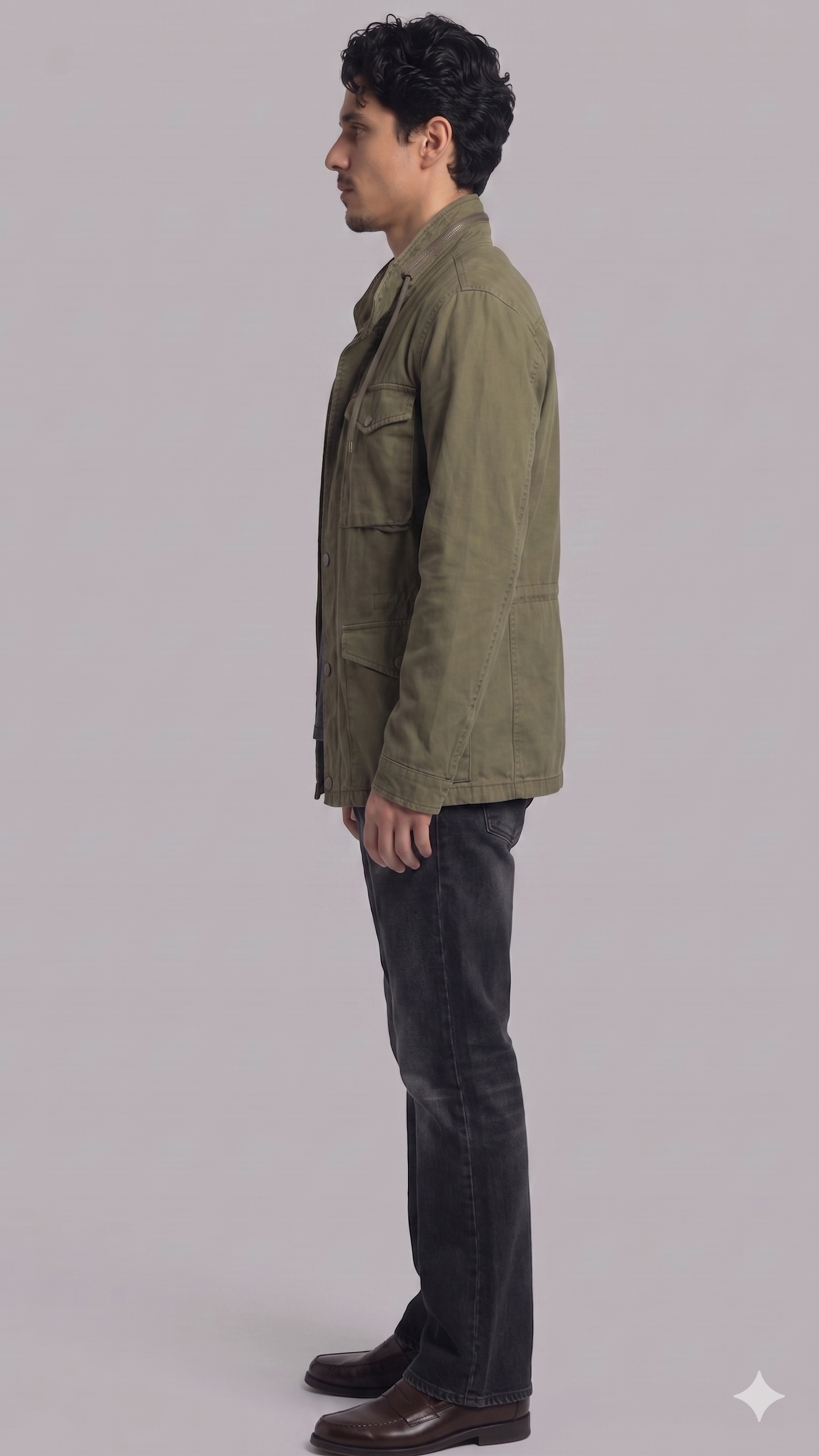 Durable army green utility jacket with functional pockets, designed for multi-season everyday wear and outdoor comfort.
