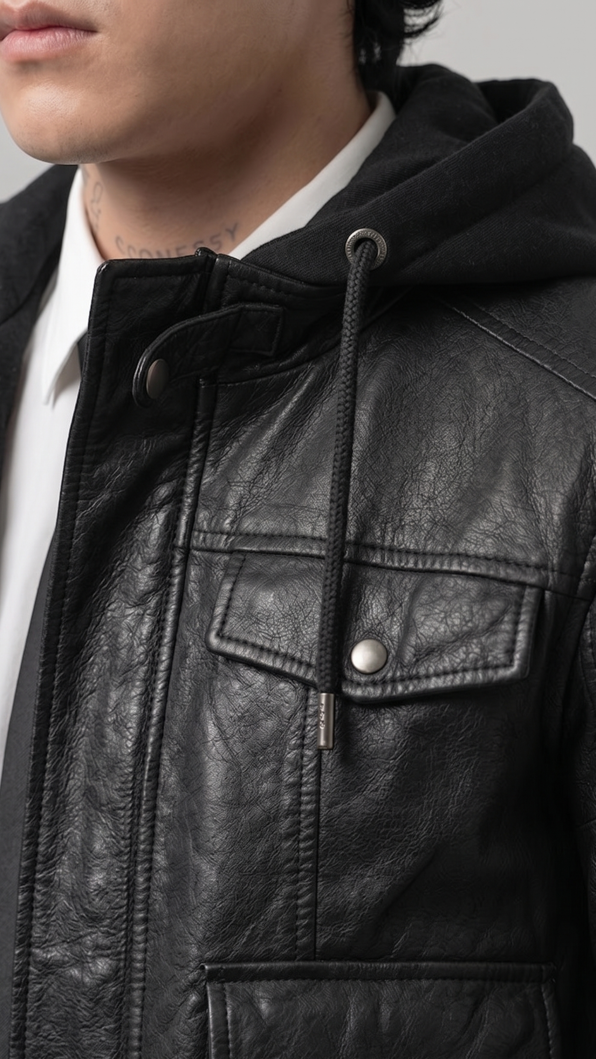 Close-up of a person wearing a black leather jacket with a hood, featuring a drawstring hood, front zipper, chest flap pocket with a snap closure, and a white shirt underneath.