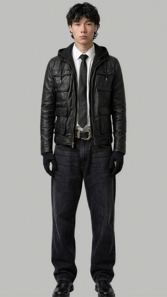 A man modeling a black leather jacket over a white shirt, black tie, and dark jeans against a solid gray background.