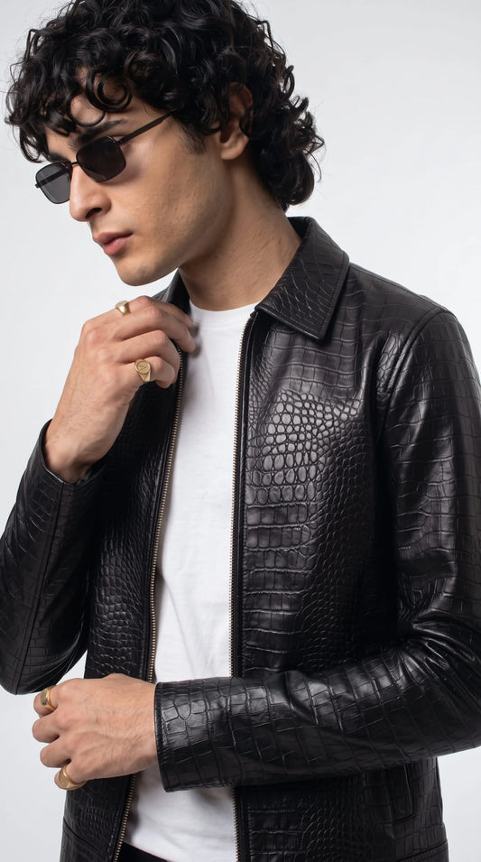Black croc texture leather bomber jacket for men with sleek zipper front, shiny crocodile pattern embossed finish and stylish turn-down collar, premium winter fashion jacket