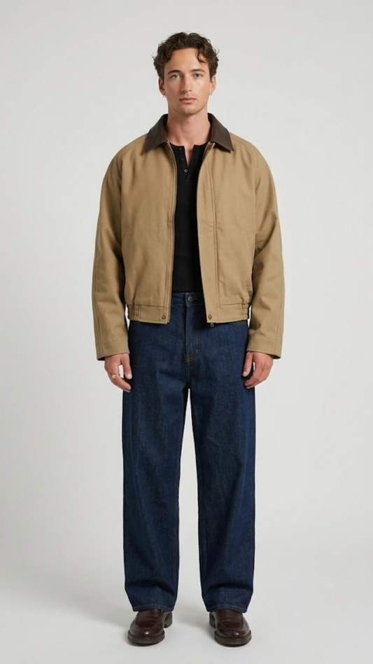 Premium beige leather jacket featuring a contrast dark brown leather collar and zip closure