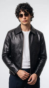 Men's black crocodile embossed leather jacket with zip front closure and classic collar