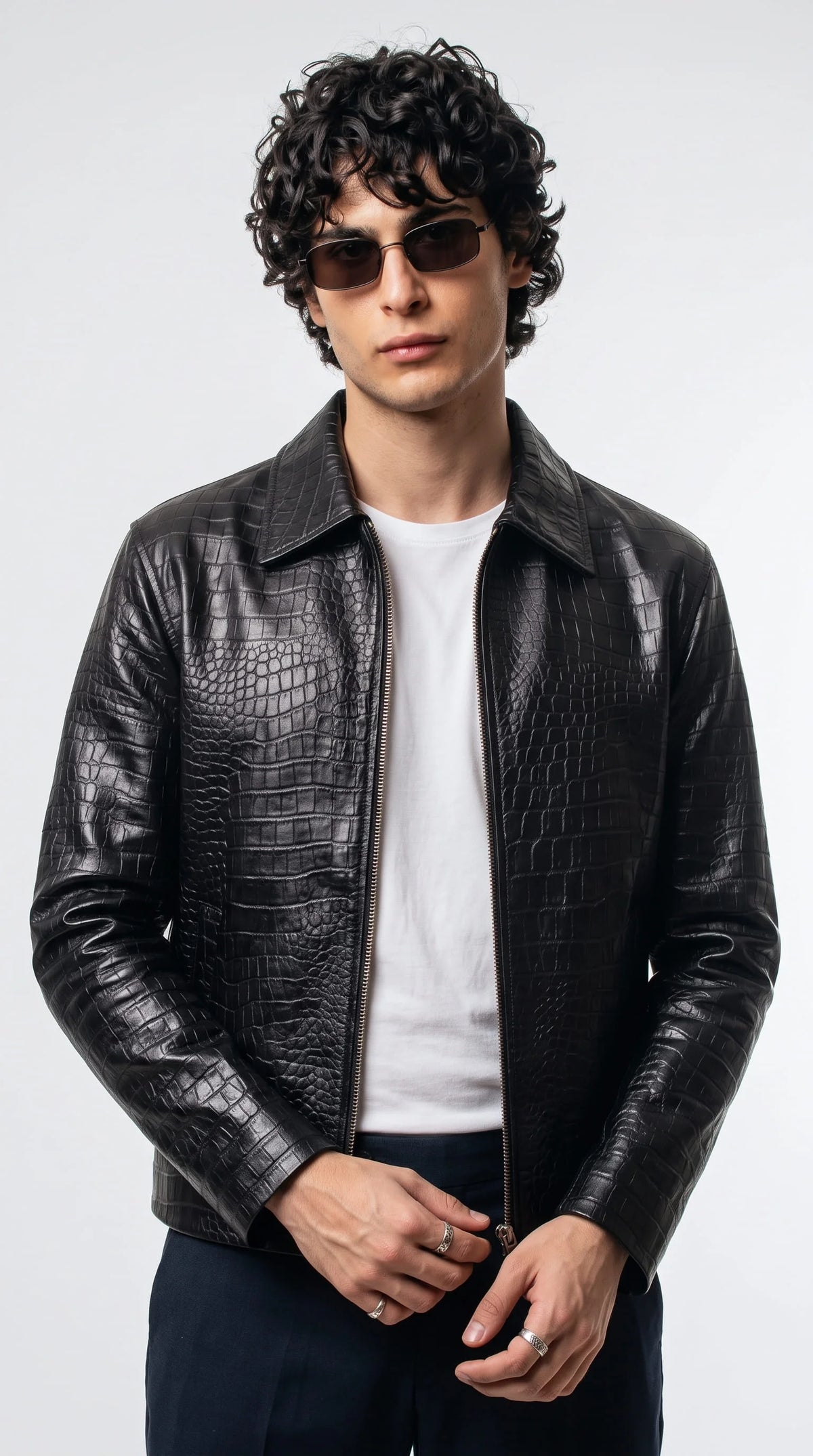 Men's black crocodile embossed leather jacket with zip front closure and classic collar