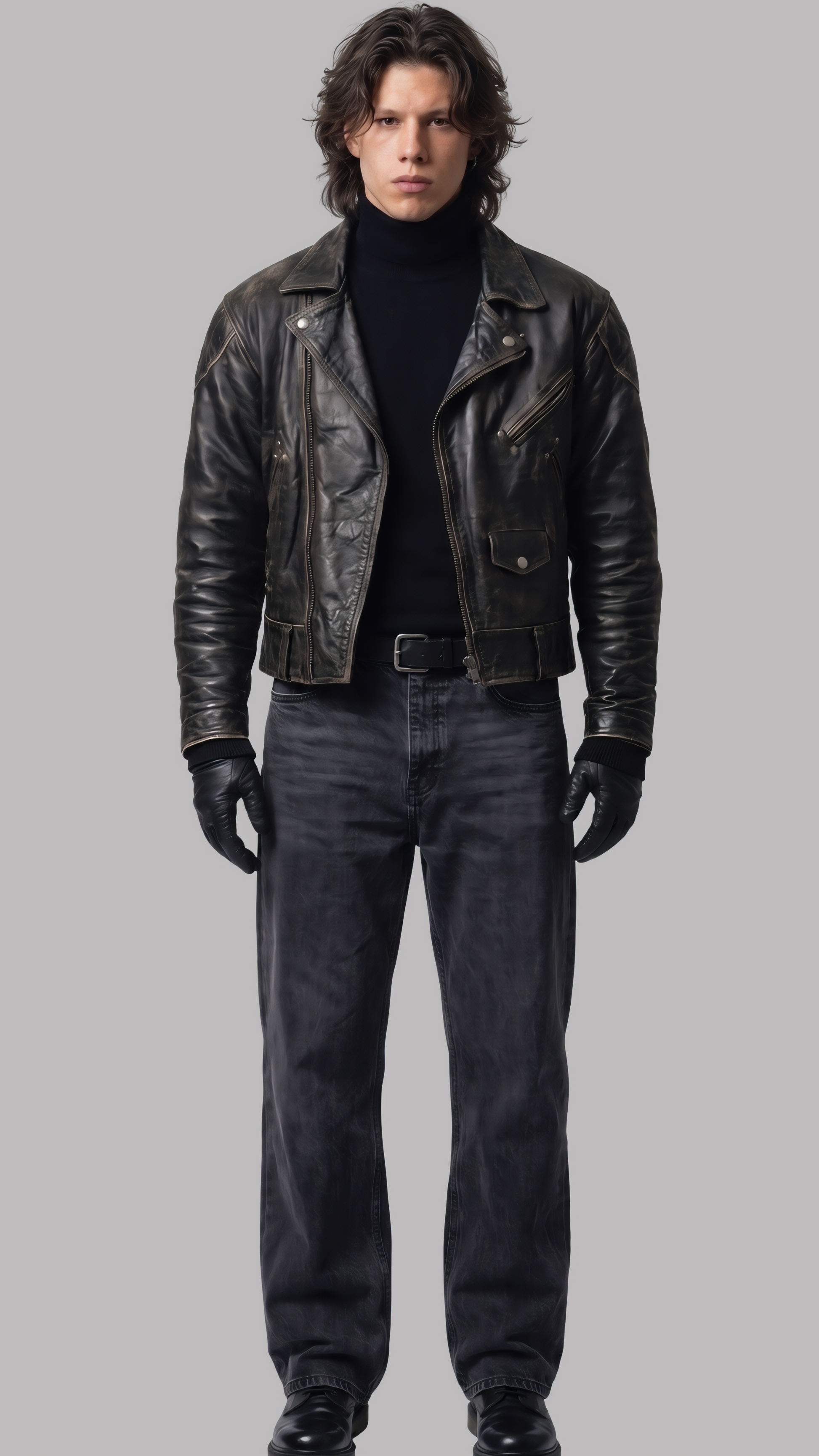 Man wearing a black leather jacket, black turtleneck, jeans, and gloves on a gray background