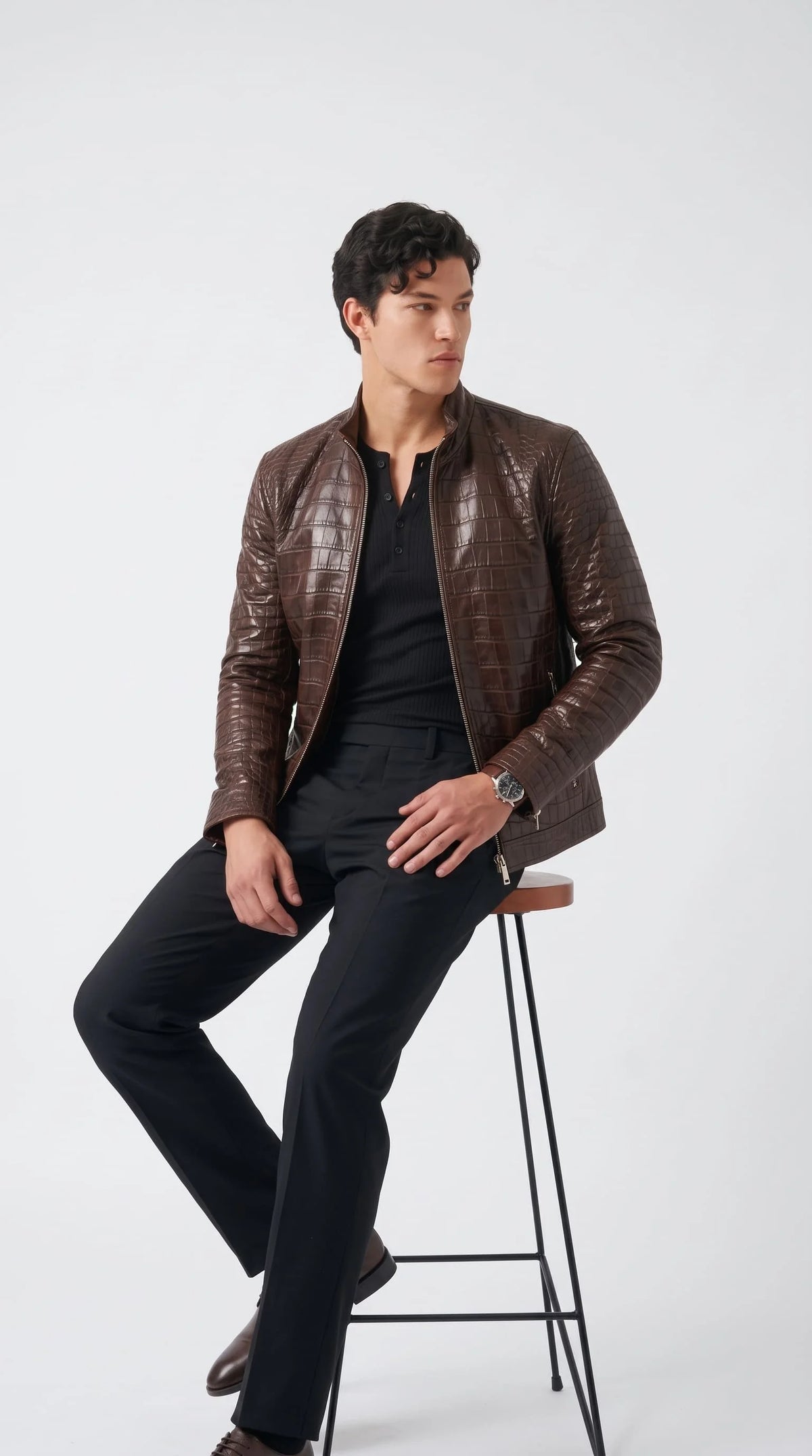 Men's exotic reptile skin look leather jackero jacket in Italian style with polished finish, paired with black henley and pants