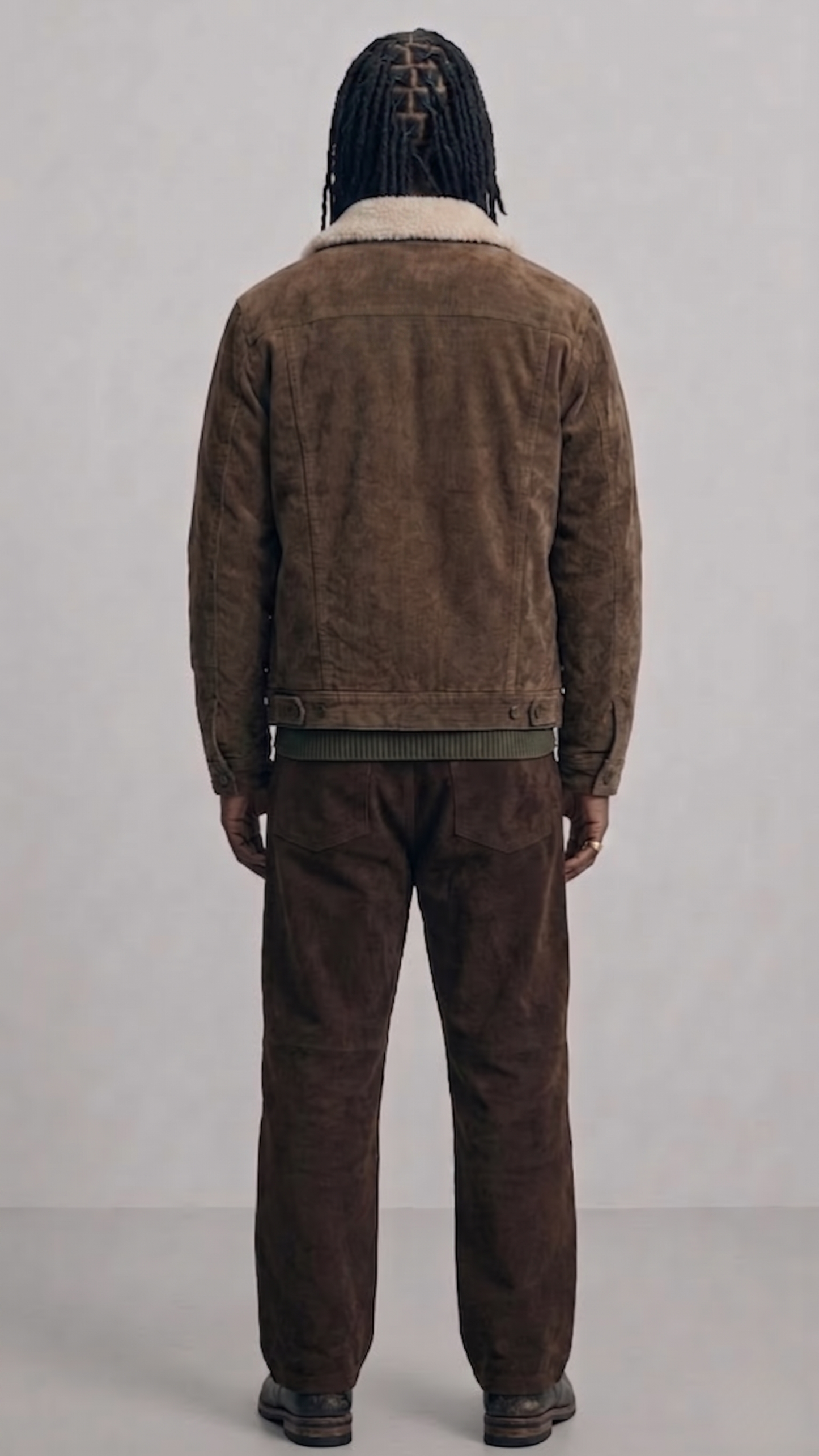 Rear view of a structured dark brown suede trucker jacket showing clean stitching and premium finish.