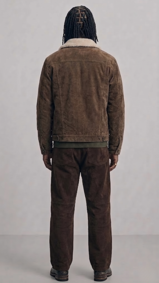 Rear view of a structured dark brown suede trucker jacket showing clean stitching and premium finish.