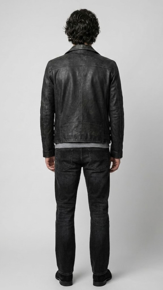 Symmetrical rear view studio shot highlighting the broad shoulder architecture and clean matte finish of the noir leather motorcycle coat.