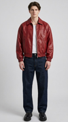 Vibrant red leather bomber jacket shown from the front view in a clean studio setting.