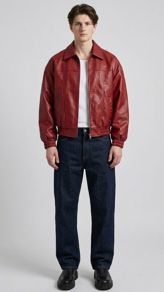 Vibrant red leather bomber jacket shown from the front view in a clean studio setting.