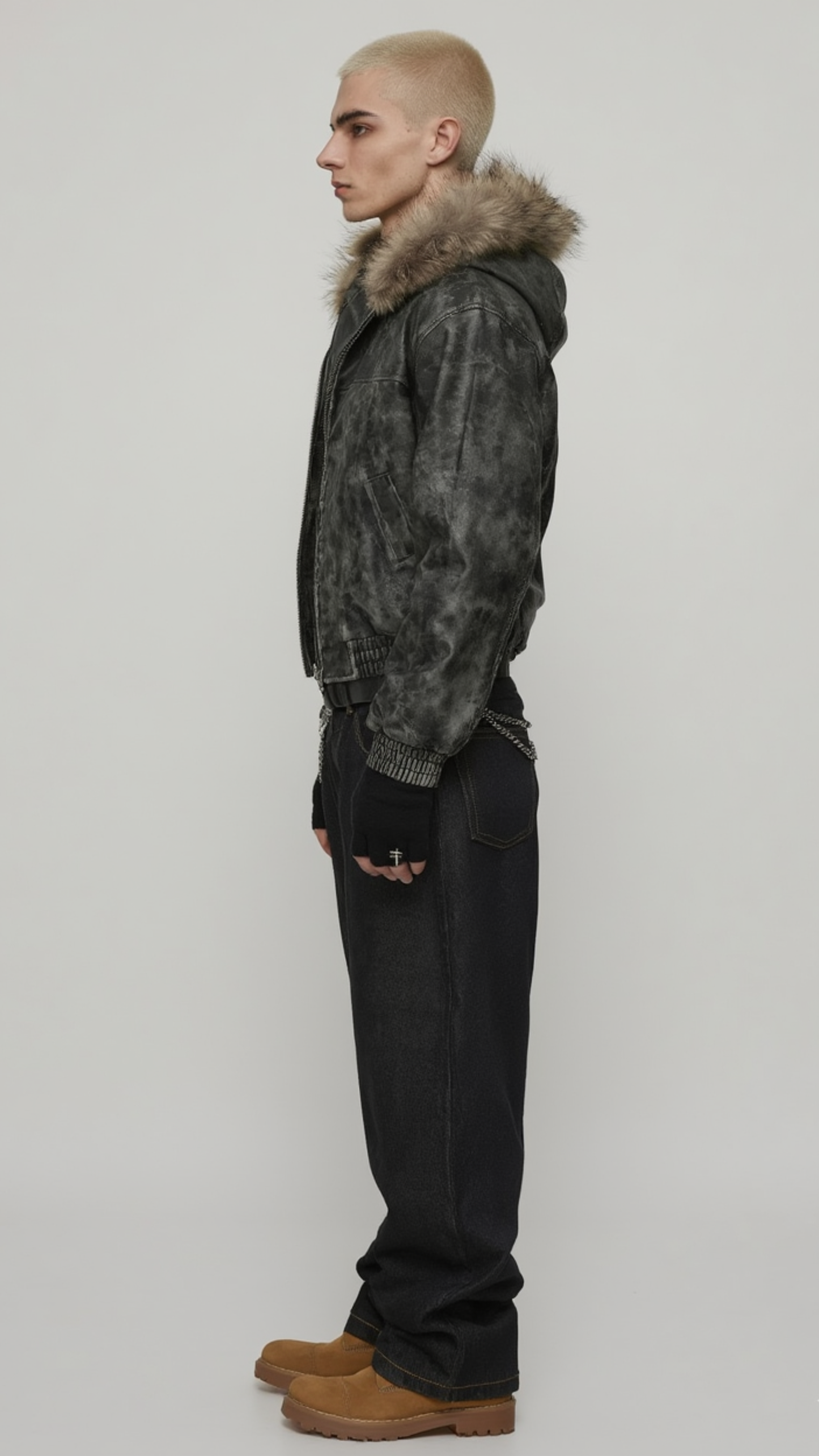 Jackero black distressed leather hooded coat showing the fit and hood drape.